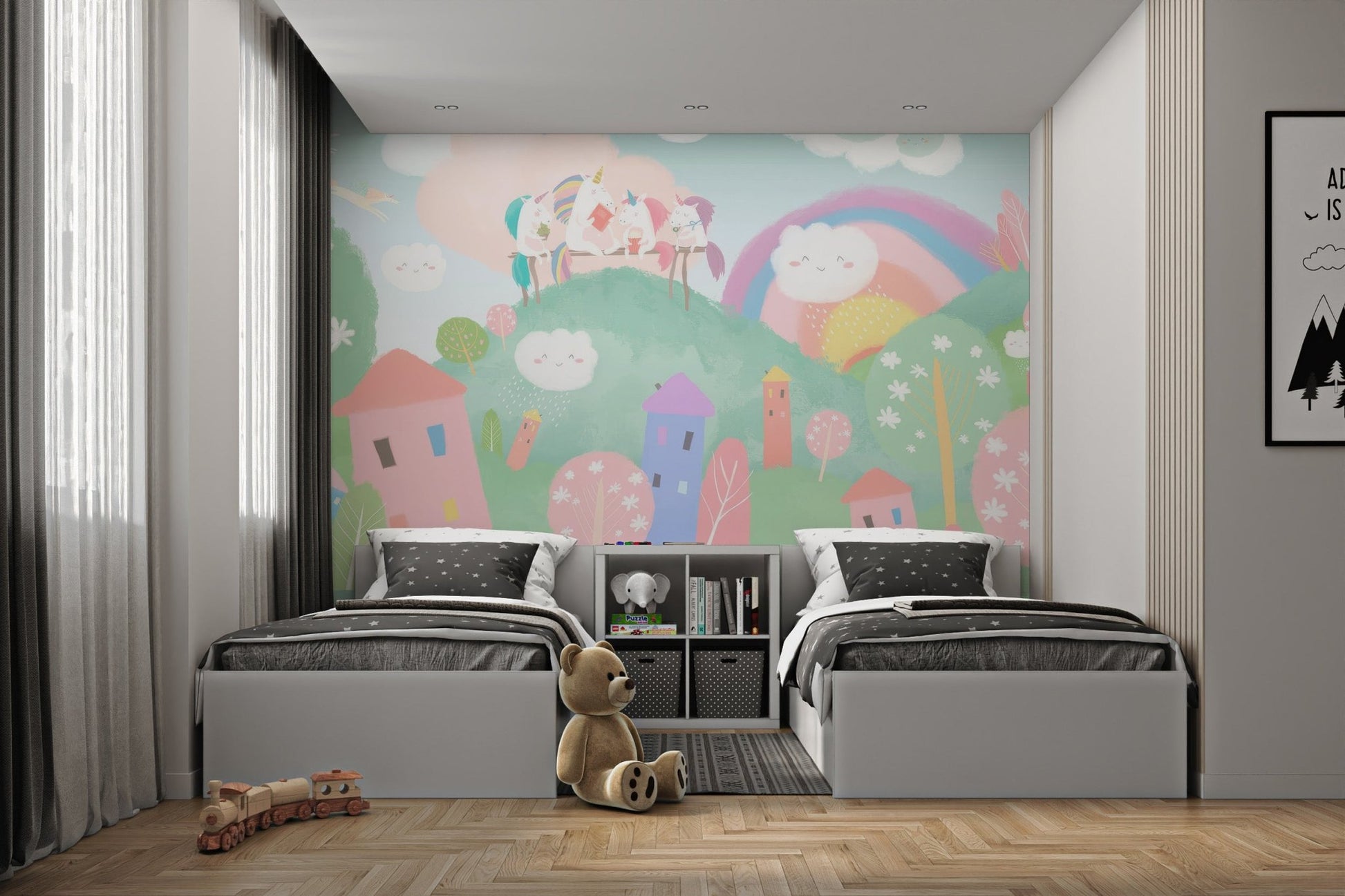 Rainbow and fantasy unicorns wall mural for bright twin bedroom.