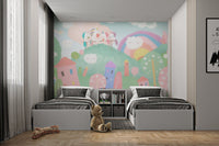 Rainbow and fantasy unicorns wall mural for bright twin bedroom.