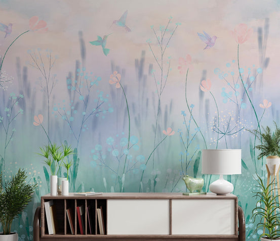 Mint green and teal grass background on a pastel floral wall mural for hallway.