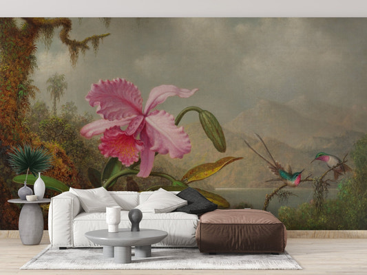 Large pink orchid flower wall mural in a modern living room with white sofa.
