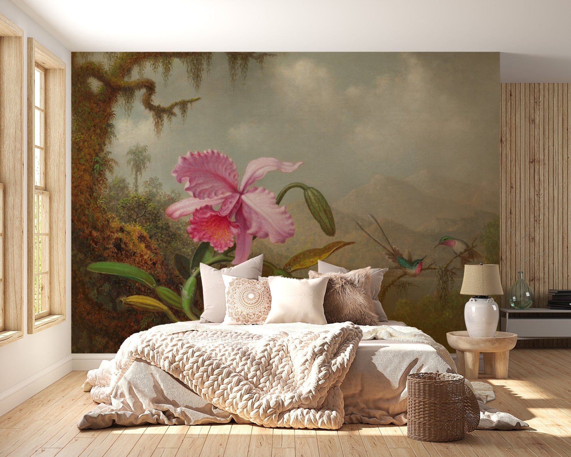 Pastel Flower Elegance Wall Mural behind a beige bed in a sunlit bedroom.