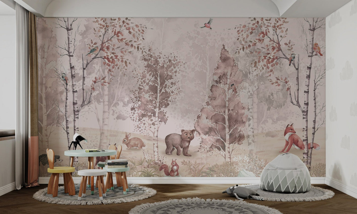Forest animals mural with rabbits, squirrels, and birds in study room.