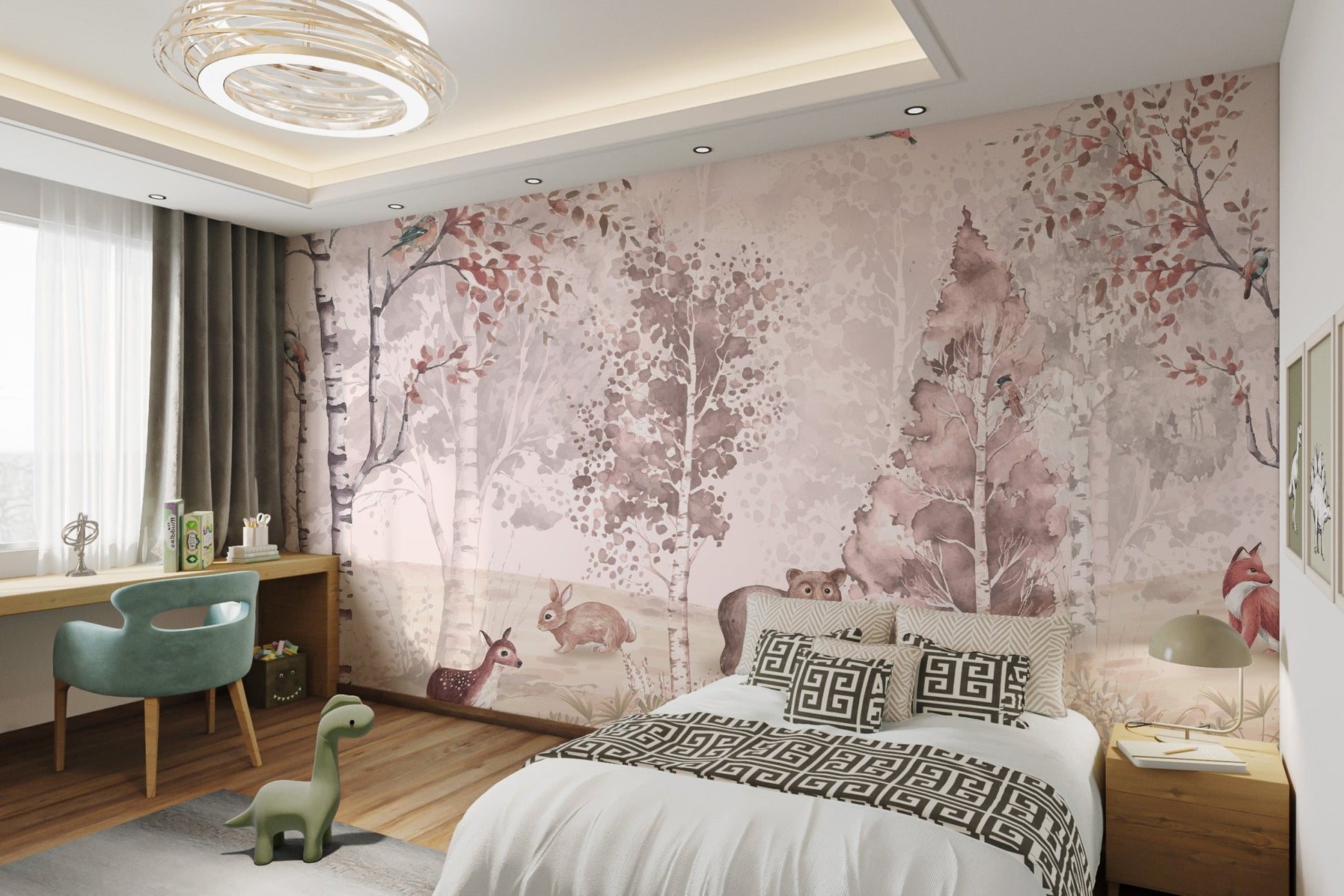 Delightful forest wall mural featuring woodland animals and soft colors.