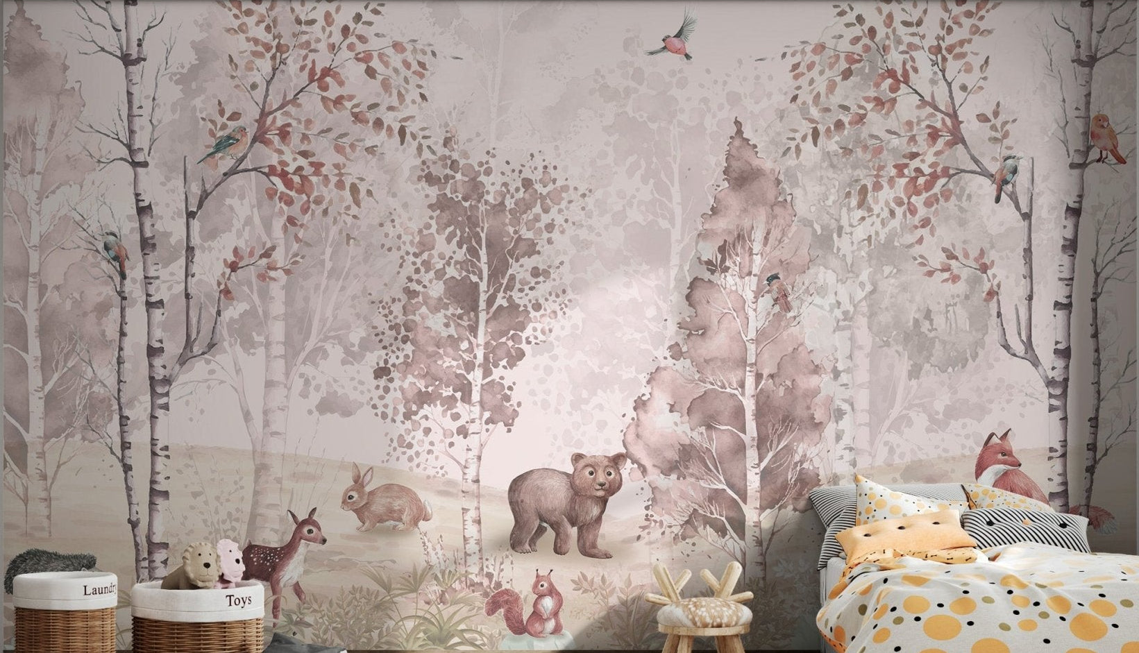 Pastel Forest Animal Wall Mural with deer and fox for kids bedroom.