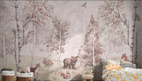 Pastel Forest Animal Wall Mural with deer and fox for kids bedroom.