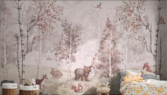 Pastel Forest Animal Wall Mural with deer and fox for kids bedroom.