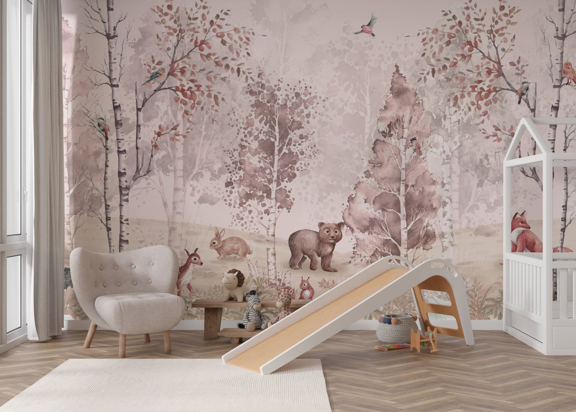 Hand-drawn forest creature wall mural for child nursery interior.
