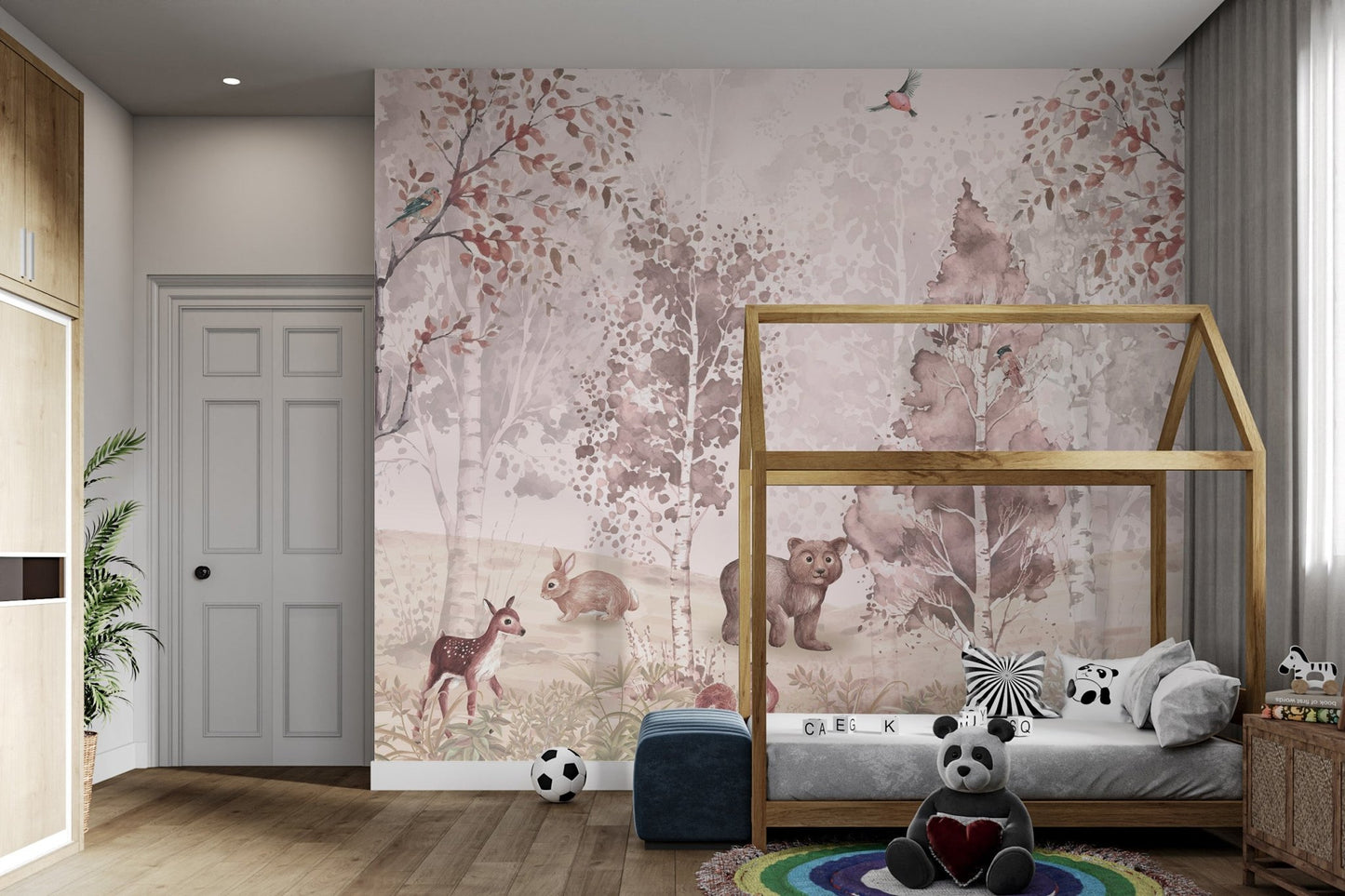 Pastel-toned mural featuring woodland animals and birch trees for child's room.