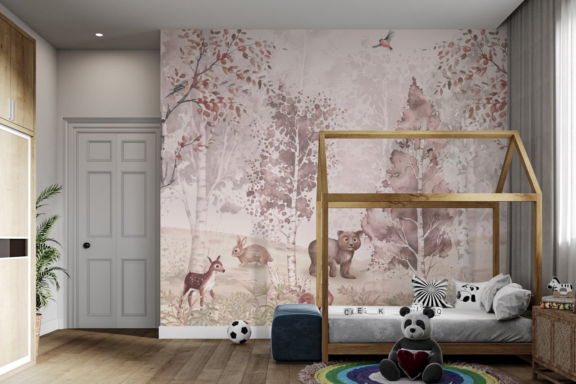 Pastel-toned mural featuring woodland animals and birch trees for child's room.