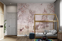 Pastel-toned mural featuring woodland animals and birch trees for child's room.