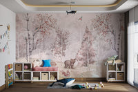 Pastel forest wall mural with fox, bear, and trees for kids play room interior.