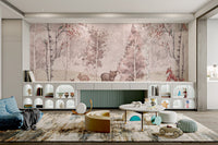 Soft-colored wall mural with woodland animals under birch trees for playroom.