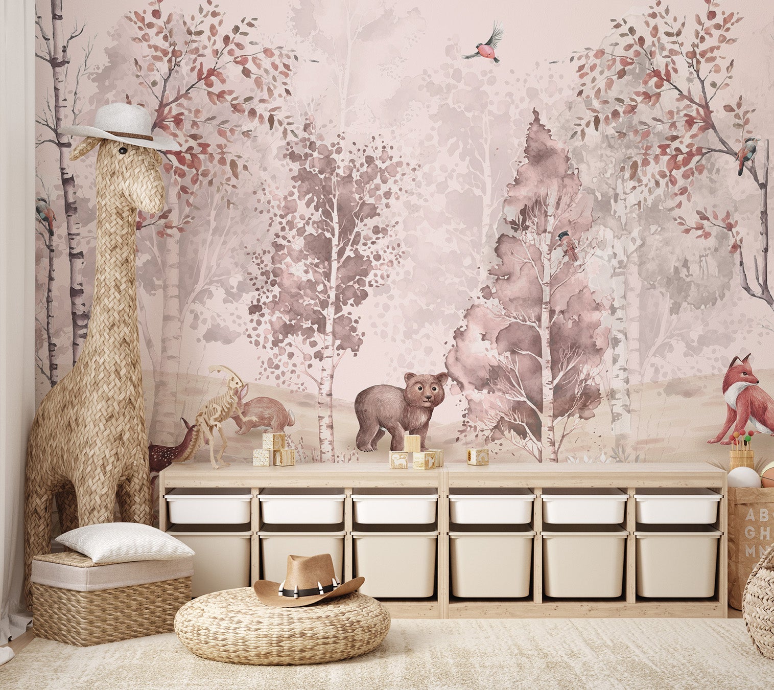 Pink watercolor forest wall mural featuring birch trees and brown bears.