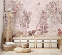 Pink watercolor forest wall mural featuring birch trees and brown bears.