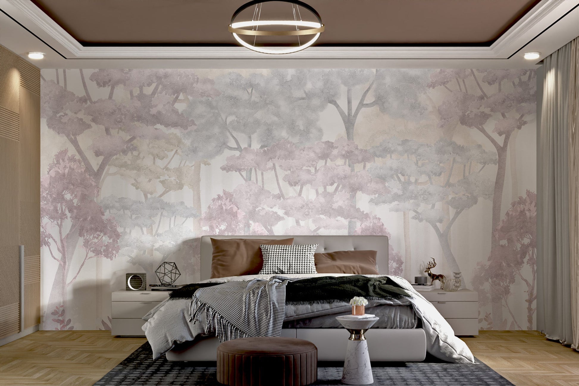 Pastel forest watercolor wall mural with tall vertical tree trunks.