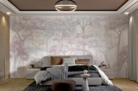Pastel forest watercolor wall mural with tall vertical tree trunks.