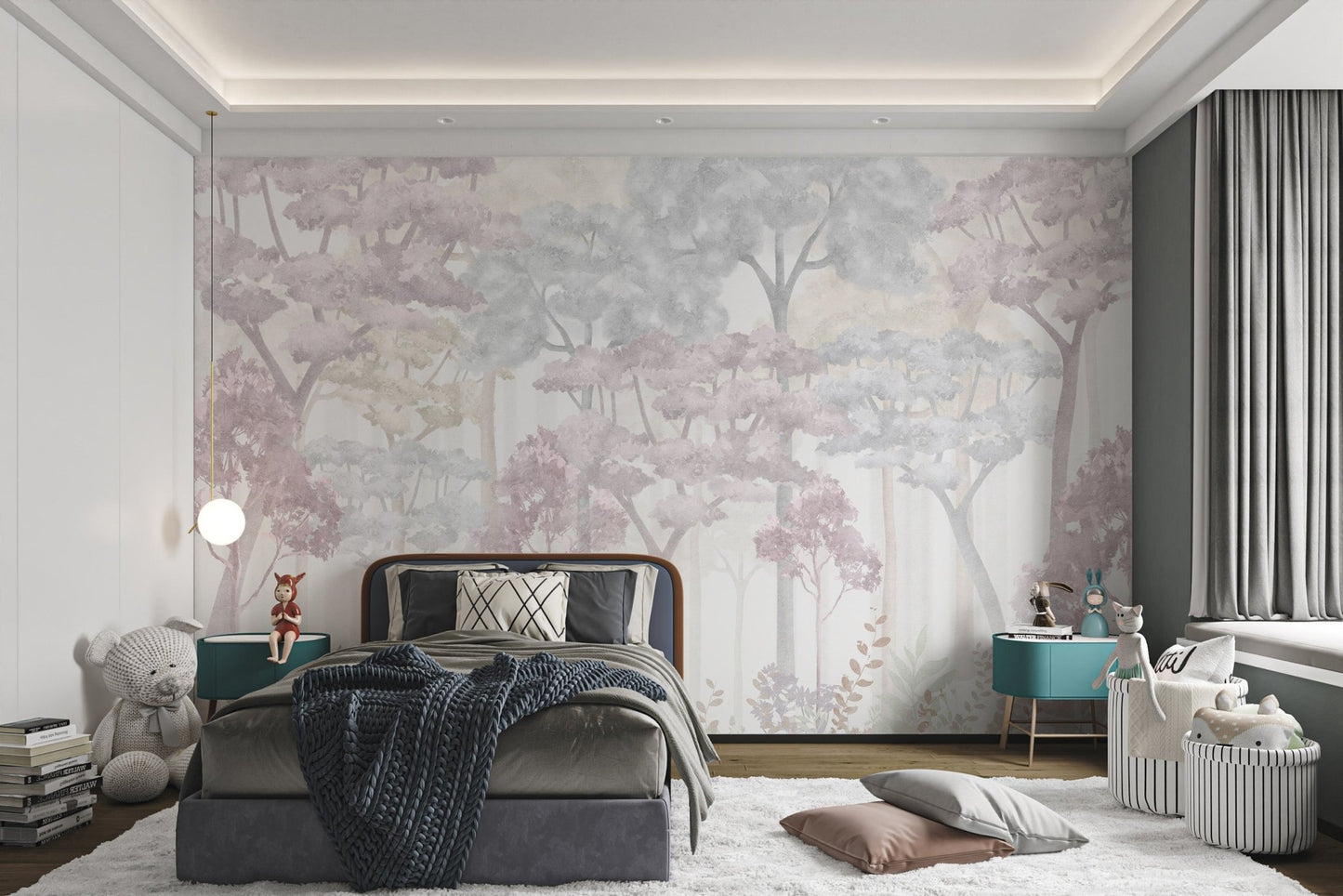 Abstract woodland pattern wall mural in a pastel watercolor style.