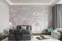 Abstract woodland pattern wall mural in a pastel watercolor style.
