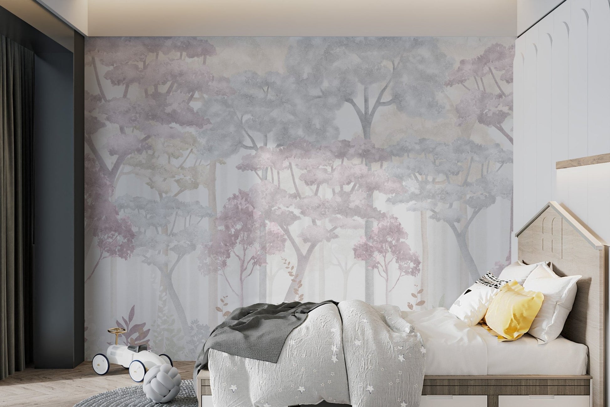 Pastel forest watercolor wall mural for a bright kids bedroom.