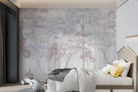 Pastel forest watercolor wall mural for a bright kids bedroom.