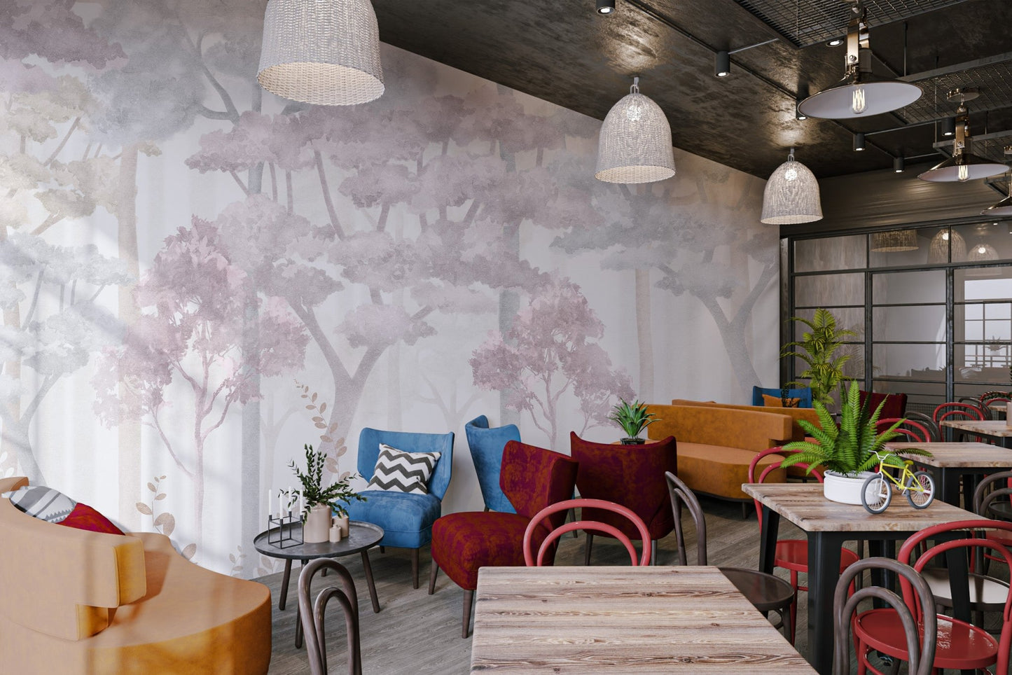 Layered woodland tree wall mural in soft watercolor tones.