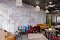 Layered woodland tree wall mural in soft watercolor tones.