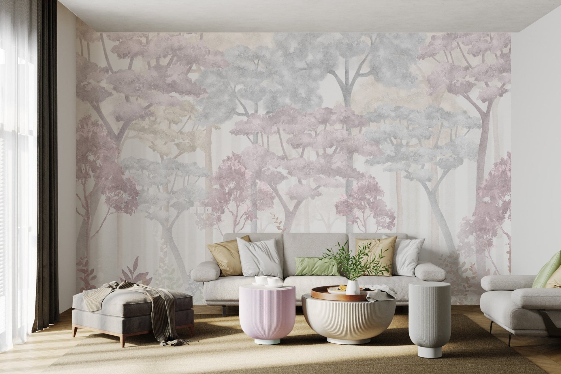 Pastel lavender tree wall mural for a modern living room.