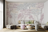 Pastel lavender tree wall mural for a modern living room.