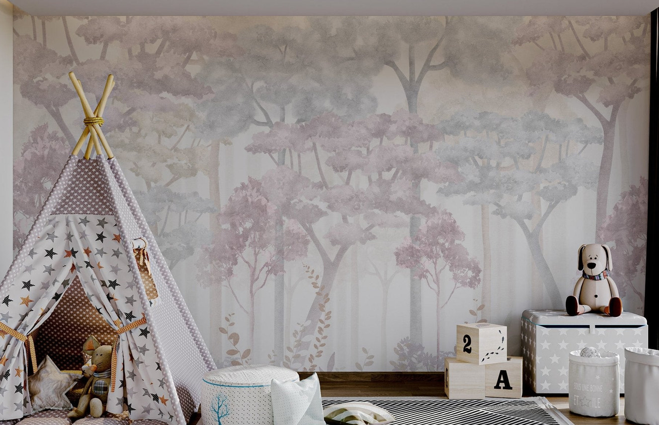 Pink and grey watercolor trees pattern wall mural in kids room.