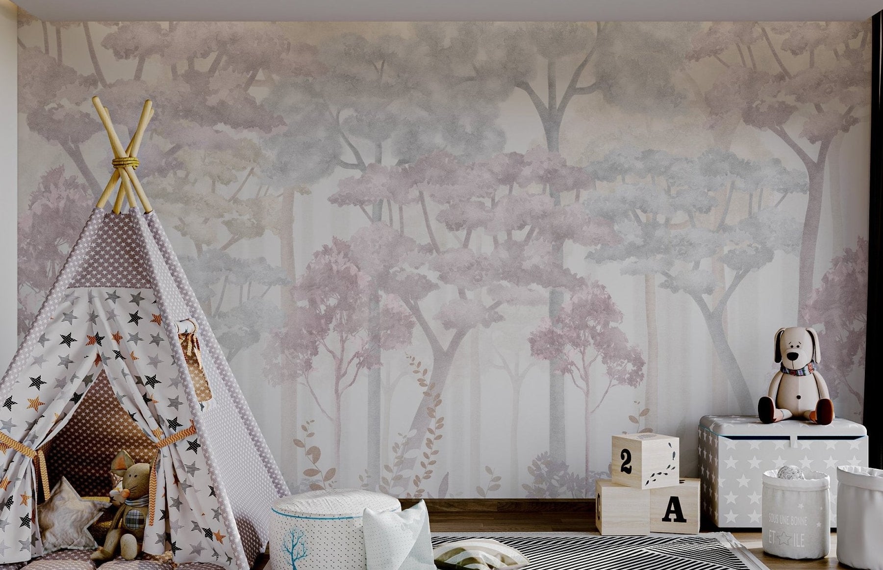 Pink and grey watercolor trees pattern wall mural in kids room.