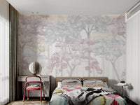 Pastel forest watercolor wall mural for a master bedroom interior.