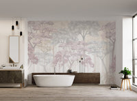 Subtle grey and mauve tree mural for sunlit bathroom interior walls.
