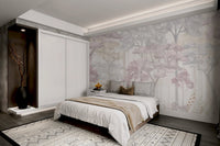 Watercolor pastel forest wall mural with grey and pink leaf patterns.