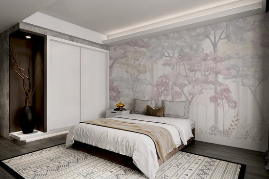 Watercolor pastel forest wall mural with grey and pink leaf patterns.