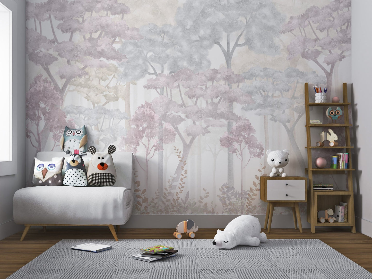 Misty watercolor tree wall mural for a nursery interior.