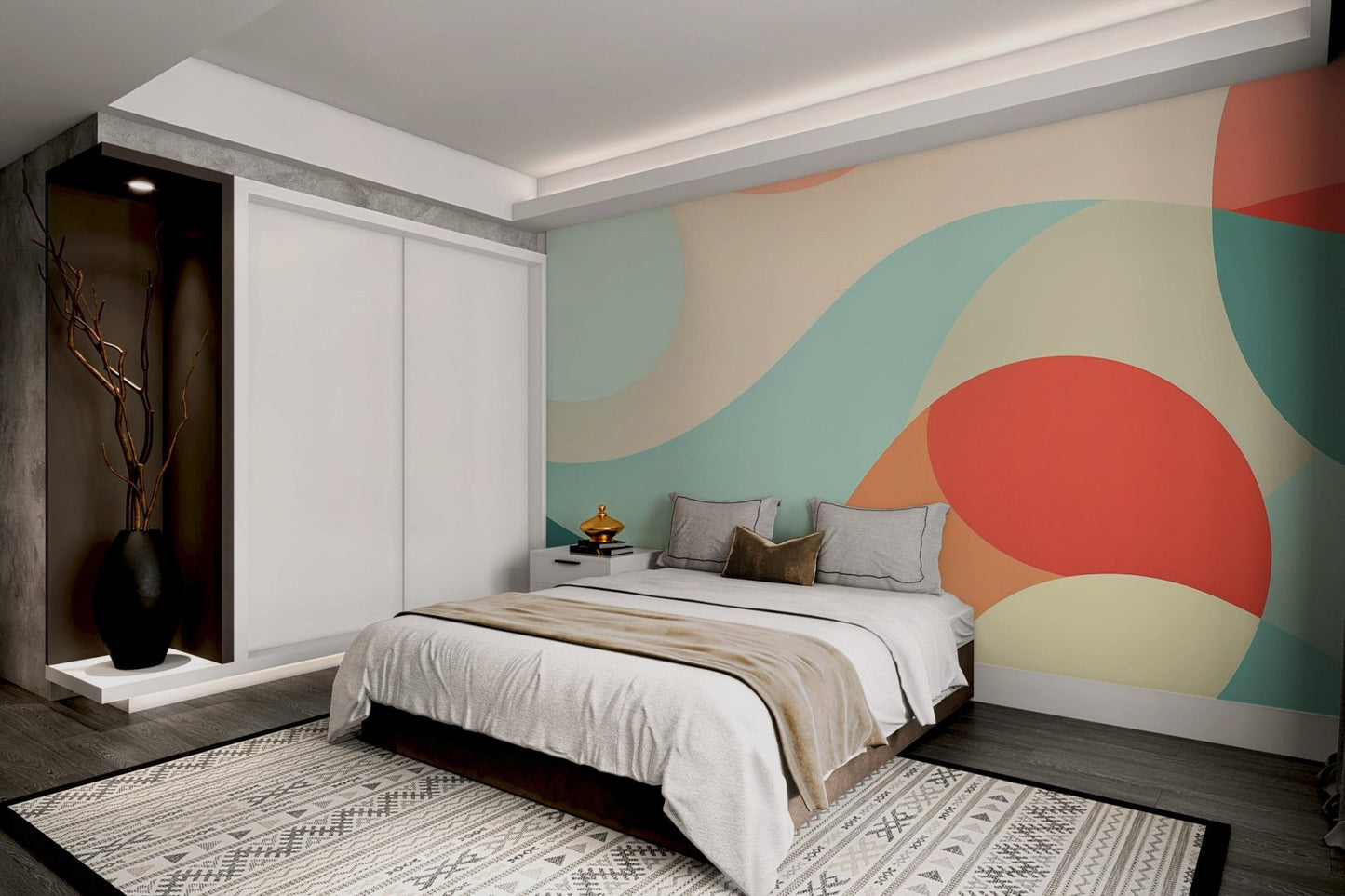 Retro inspired rounded abstract patterns in teal and salmon wall mural.