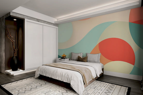 Artistic arrangement of spheres and waves on pastel geometric abstract wallpaper.