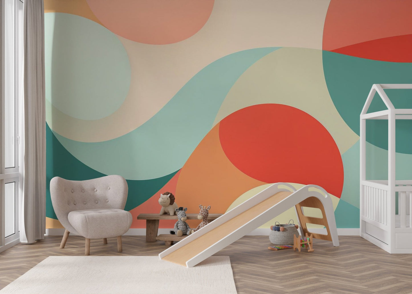 Overlapping mint and salmon circles in pastel geometric abstract wallpaper.