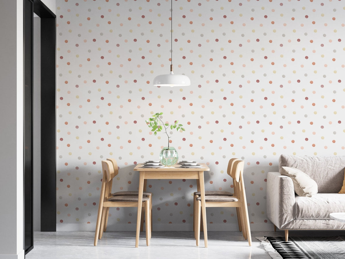 Minimalist dining room set with geometric shapes freehand wallpaper.
