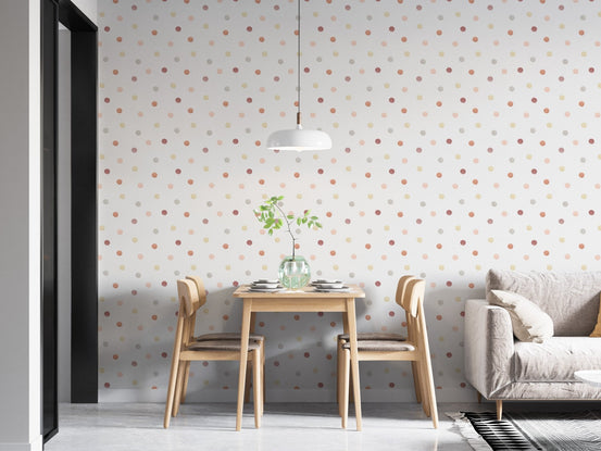 Minimalist dining room set with geometric shapes freehand wallpaper.