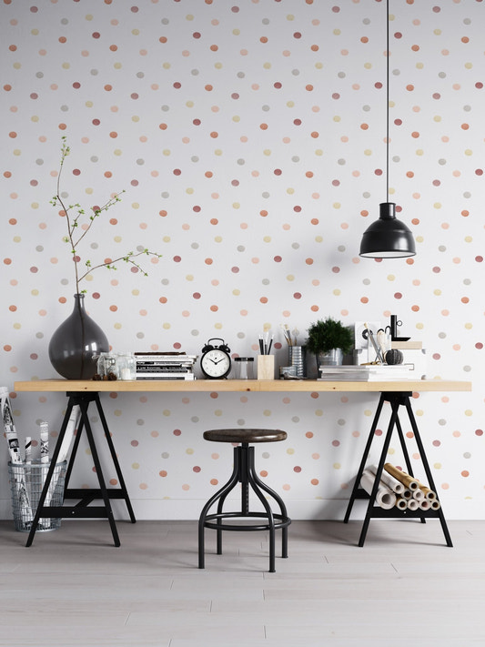 Modern workspace with pastel geometric shapes freehand aesthetic polka dots wallpaper.