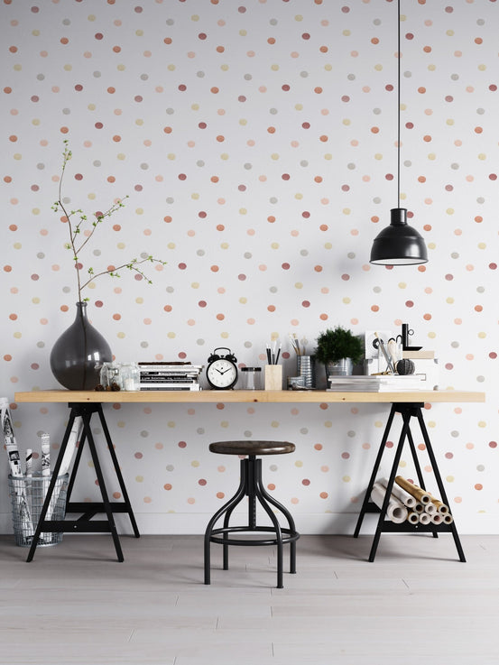 Modern workspace with pastel geometric shapes freehand aesthetic polka dots wallpaper.