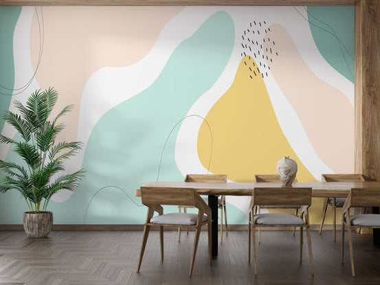 Pastel Harmony Wall Murals in a dining room with a wooden table and chairs.