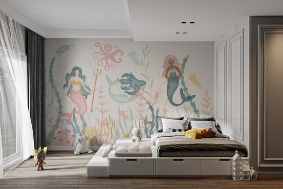 Dreamy underwater mermaid wallpaper with yellow and pink coral reef.