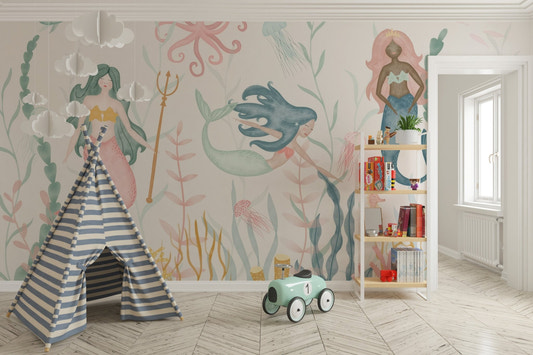 Watercolor mermaid wallpaper with pastel pink and teal tones.
