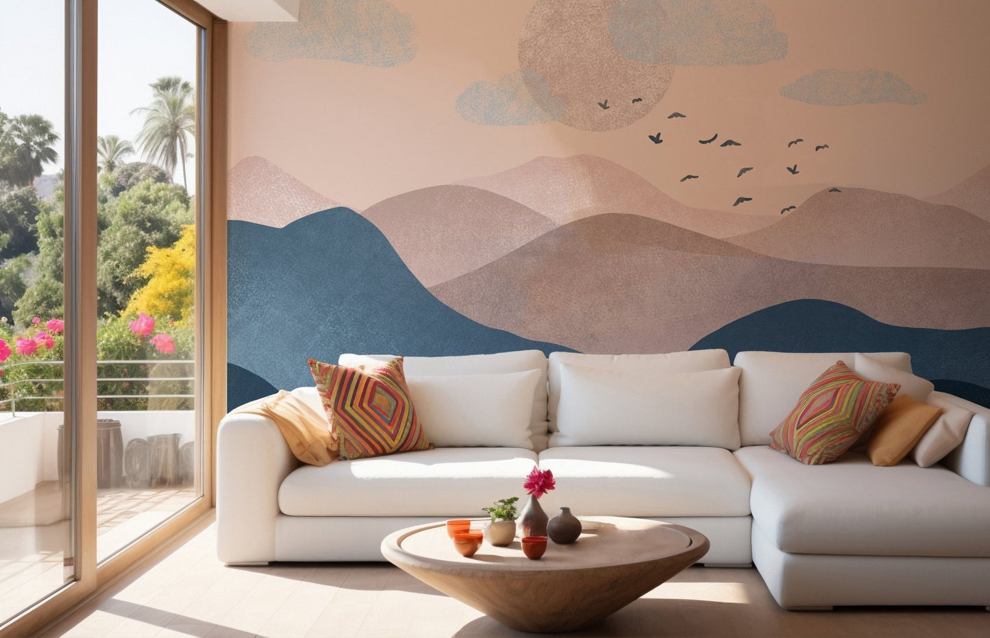 Tranquil mountain scene mural in soft pastel colors for sitting space.
