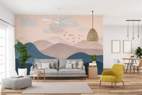 Serene pastel mountain wall mural for modern living room decor.

