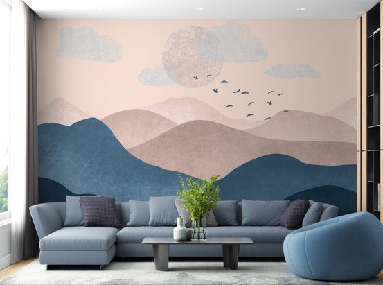 Soft pastel mountain mural for serene and calming living room walls.
