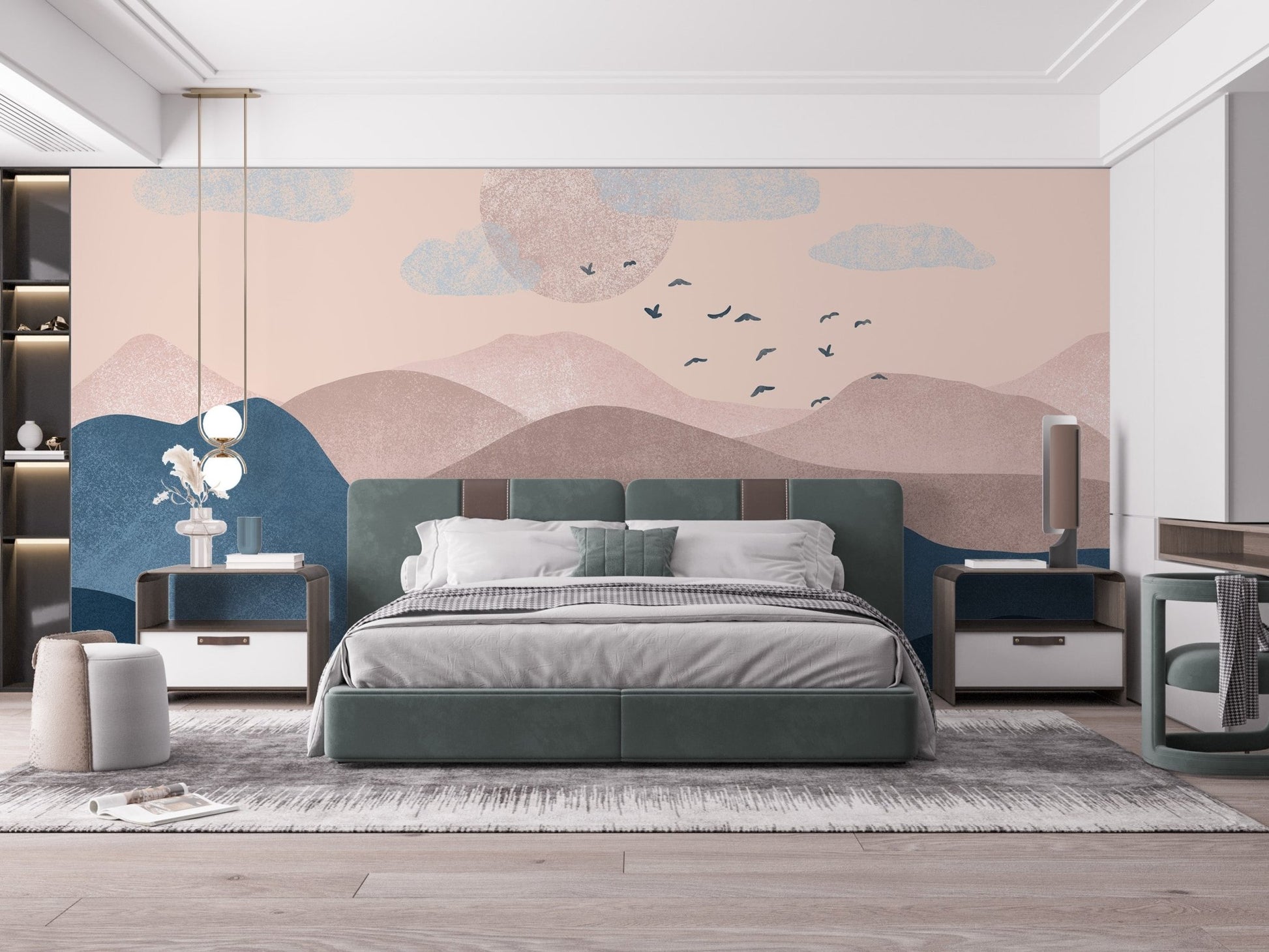 Pastel mountain shades wall mural with soothing hues in bedroom.
