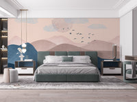 Pastel mountain shades wall mural with soothing hues in bedroom.
